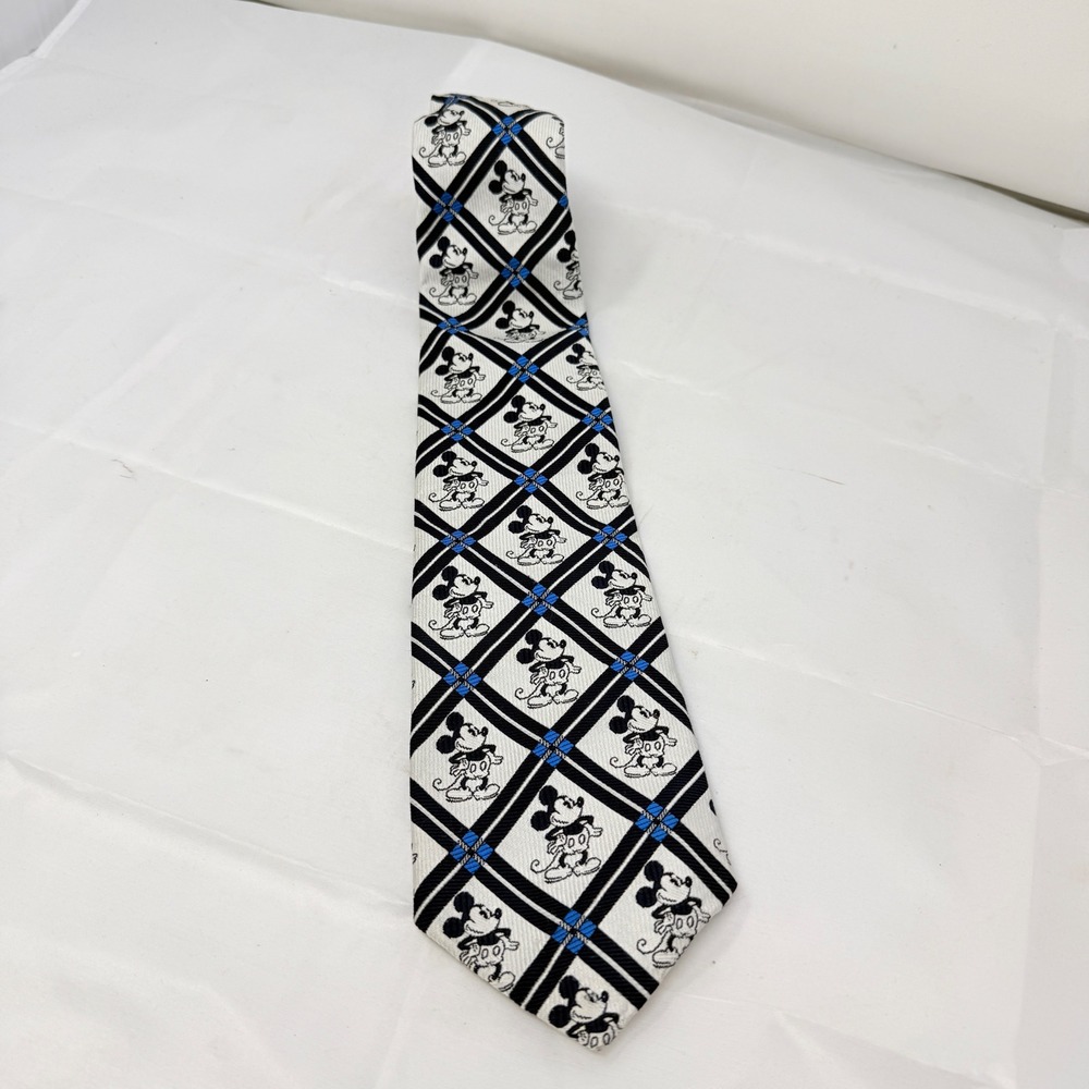 Disney Mickey Mouse Mens Necktie Navy Blue Cream Diamond Grid